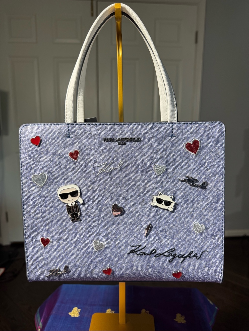 NWT Karl Lagerfeld Paris Maybelle Denim Saffiano Satchel Bag Pins